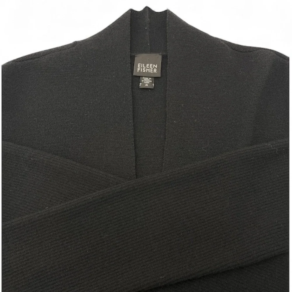 EILEEN FISHER Black 100% Wool Italian Yarn Rib Knit‎ Long Cardigan Sweater M